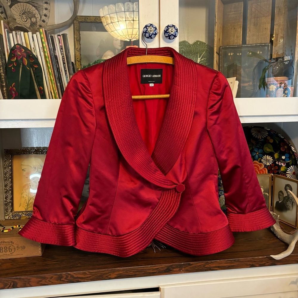 Giorgio Armani red satin wool blend quilted wrap front blazer jacket made Italy
